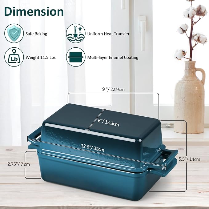 Leonyo Enamel Cast Iron Bread Pan, 9"x5" Loaf Pan with Lid, Blackish Green