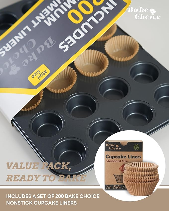 Bake Choice Mini Muffin Pan with 200 Cupcake Liners, Mini Cupcake Pans