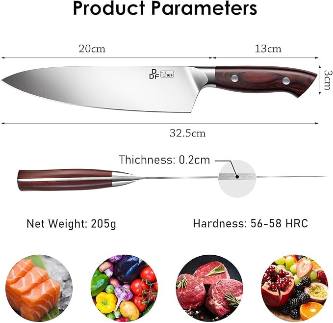 Chef Knife 8 Inch, High-Carbon Stainless Steel, Ergonomic Pakkawood Handle