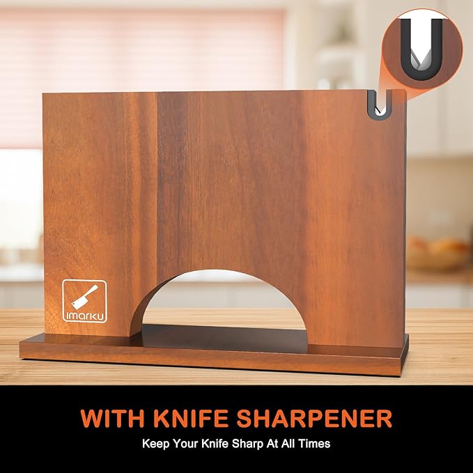 Imarku Magnetic Knife Block with Built-in Handle, Double Sided Acacia Wood Magnetic Knife Holder for Kitchen Counter, Magnetic Knife Storage Stand with Knife Sharpener, Easy to Clean & Move