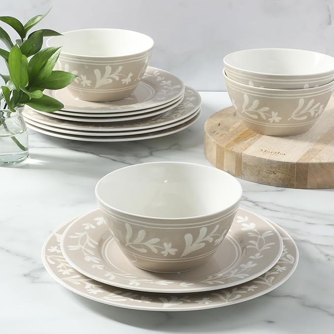 Martha Stewart Dinnerware Set - Maiden Crown 12-Piece Dish Set, Taupe – New Bone China Ceramic Plates & Bowls – Floral Design – Service for 4 – Microwave & Dishwasher Safe