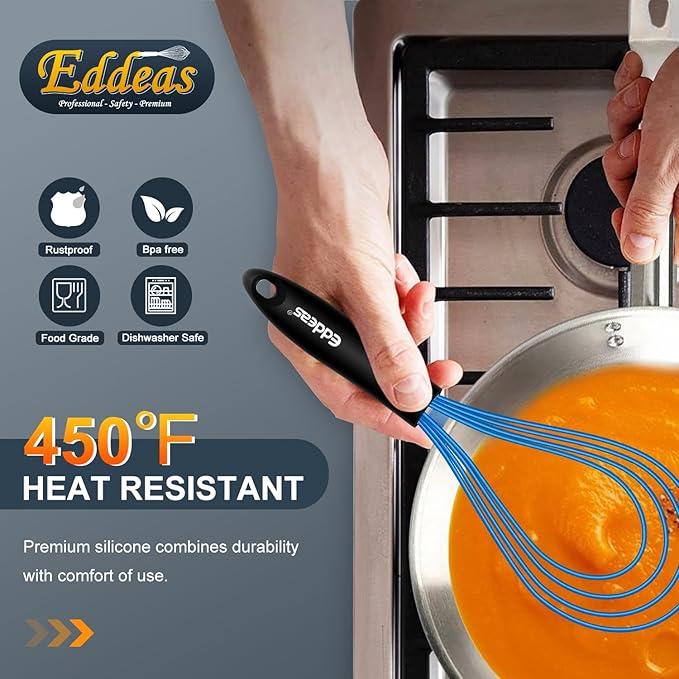 Eddeas Silicone Whisk, Non Scratch Whisk for Cooking, 5+7+9+11in Balloon Whisks, Suitable for Mixing, Blending. 11in Flat Whisks great for Ceramic Coated pans and Wider shallower pots. (Blue)
