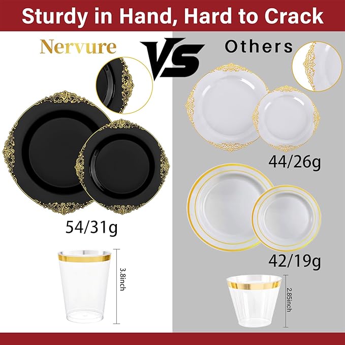 Nervure 350Pcs Black Plastic Plates, Plastic Dinnerware Set for 50 Guests