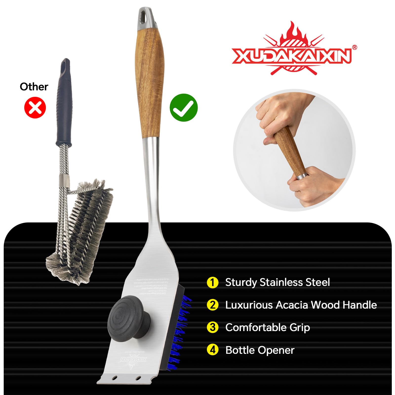 XUDAKAIXIN Grill Brush and Scraper, Dual Grip Design,Extra Strong BBQ Cleaner Accessories,Safe Nylon Bristles Barbecue Triple Scrubbers Cleaning Brush for Cast Iron Grates/Porcelain/Charcoal Grill