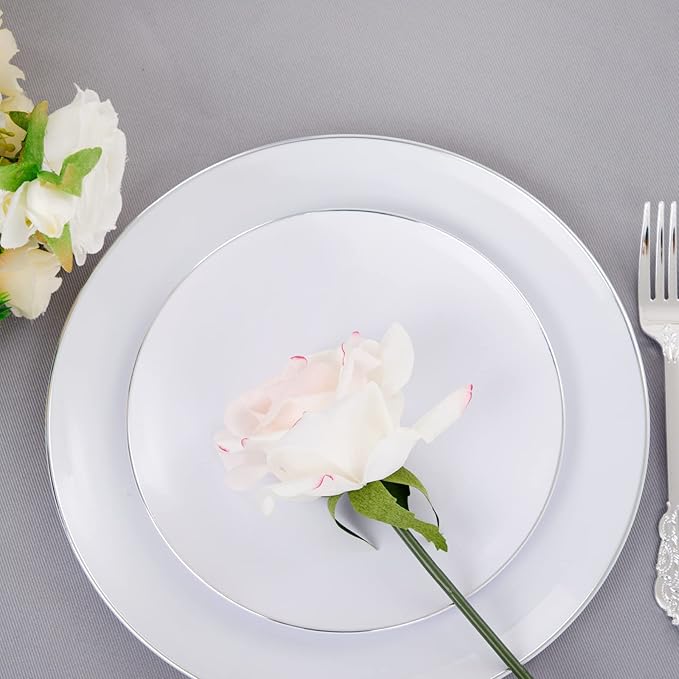 KIRE 100PCS Silver Plastic Plates - Heavy Duty White Disposable Plates with Silver Rim for Party/Wedding - Include 50Pcs 10.25inch Dinner Plates and 50Pcs 7.5inch Dessert Plates for Party