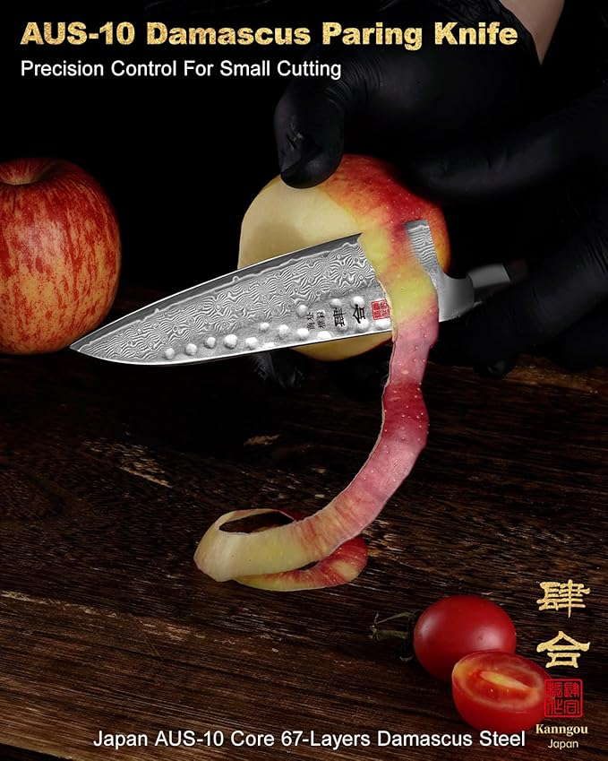 kanngou Japanese Chef Knife Kitchen Knife with 67 Layers Damascus Steel AUS-10 Core, Professional Damascus Knife with Full-Tang Ebony Wood Handle and Premium Gift Box (5.45 Inch Petty Paring Knife)