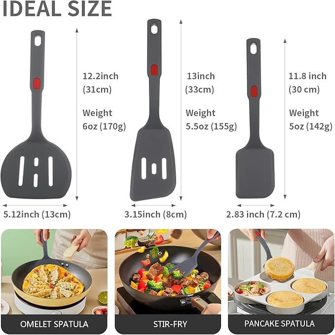 Hvanam Flexible Silicone Spatula Set For Nonstick Cookware Rubber Silicone Bpa-Free Heat Resistant Heavy Duty Kitchen Turner Large,Slotted Flipper And Small Spatulas For Egg Fish Pancake Cookie (Grey)