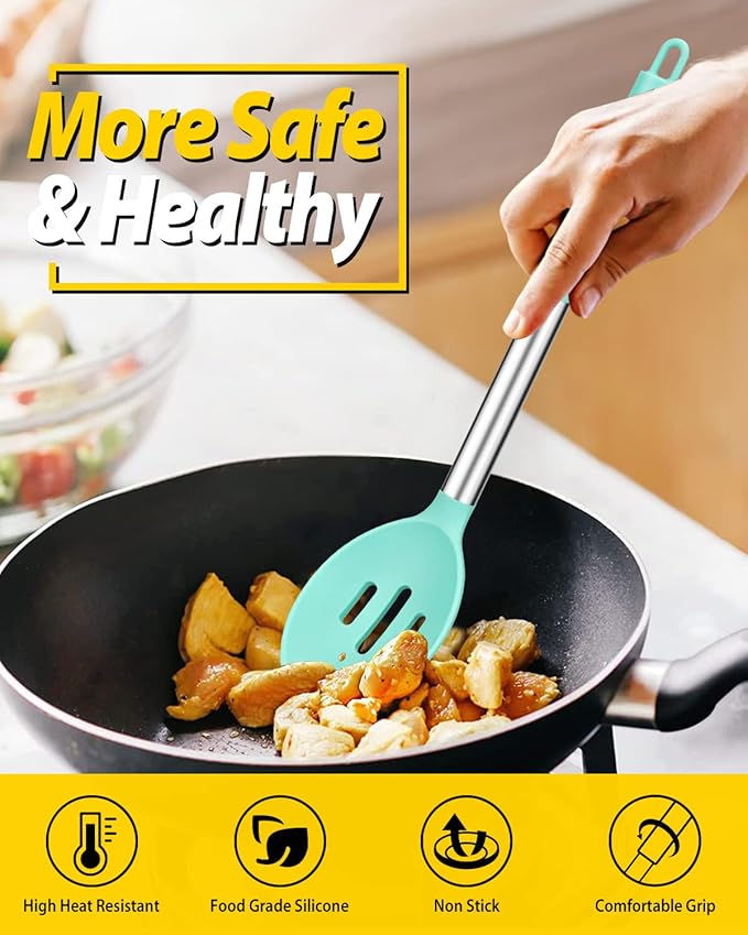 BUNDLEPRO Silicone Cooking Spoons for Non Stick Cookware, 2 Pack, Green