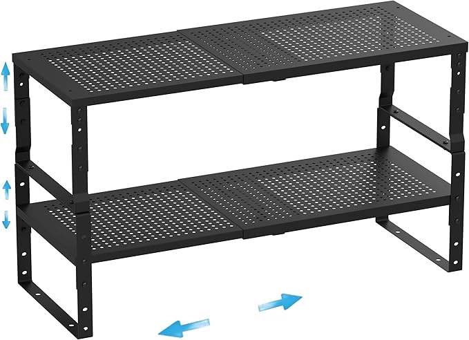 Wobmmi Expandable,Adjustable & Stackable Spice Rack, Cabinet Kitchen Countertop Shelf Organizer,Metal Pantry Storage Shelves - Space-Saving Storage Solution(2Packs/Black/Large)
