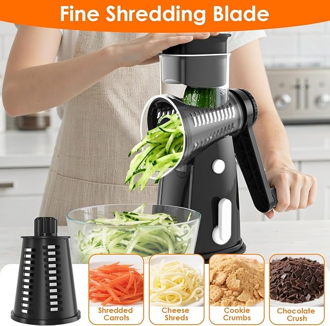 MealHelper 5 Blade Rotary Cheese Grater and Vegetable Chopper with Storage Box and Hand Crank, Compact Shredder for Cheeses, Veggies, Nuts - Easy to Use, Non-slip Suction Base,Black
