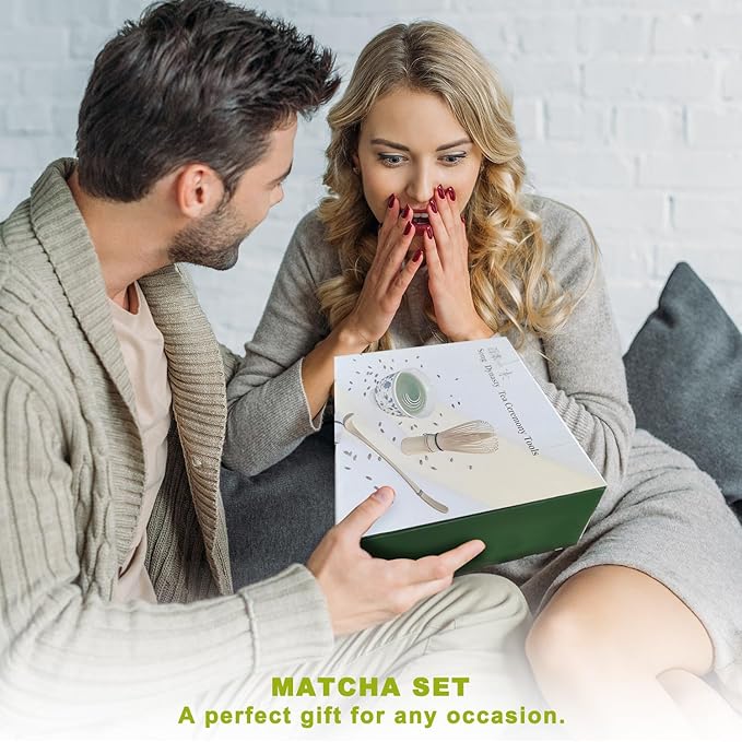 Matcha 7-Piece Set, Japanese Matcha Ceremony Kit with Chawan Bowl, Bamboo Whisk and Strainer, Great Gifts for Mom, Grandma, Wife, Women, Birthday, Mother’s Day, Graduation, Home Decor (Matcha Green)