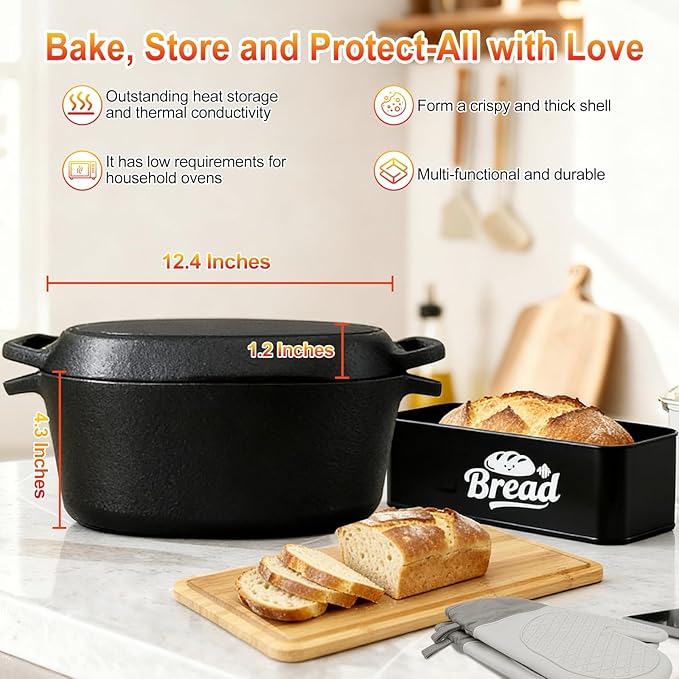 ARC Dutch Oven for Bread Baking Includes Bread Box & Heat-Resistant Oven Mitts, 3.6QT Oval Cast Iron Bread Loaf Pan with Lid, Bread oven for Sourdough, Sourdough Starter Kit
