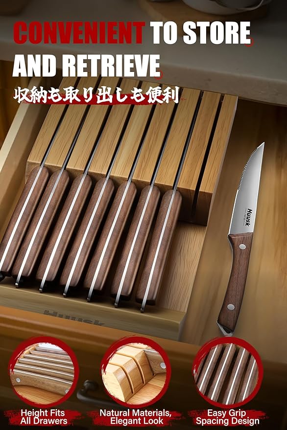 Huusk Steak Knives Set of 8 with Wood Block, Serrated & Straight Dual-Edge