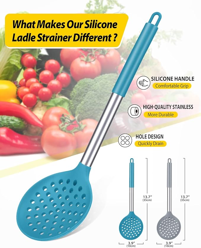 BUNDLEPRO Kitchen Ladle Strainer, 2 Pack, Grey and Teal Blue