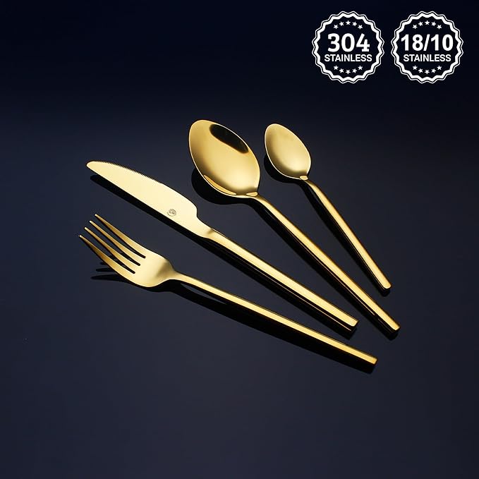 CHAAMFORGE 24 Piece Silverware Set For 6 Gold Heavy duty 18/10 Stainless Steel Flatware Set Modern Design Knife/Fork/Spoon Mirror Polished Dishwasher Safe Cutlery Set with Gifts