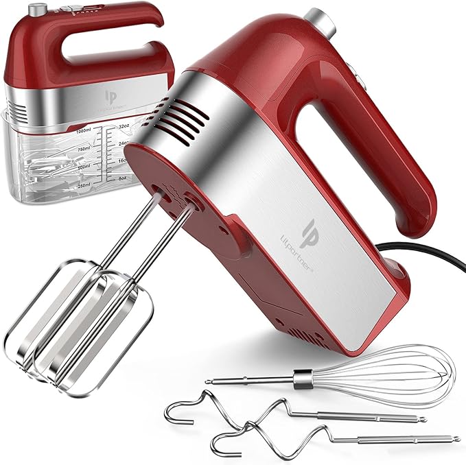 Hand Mixer Electric, 450W Kitchen Mixers with Scale Cup Storage Case, Turbo Boost/Self-Control Speed + 5 Speed + Eject Button + 5 Stainless Steel Accessories, For Easy Whipping Dough, Cream