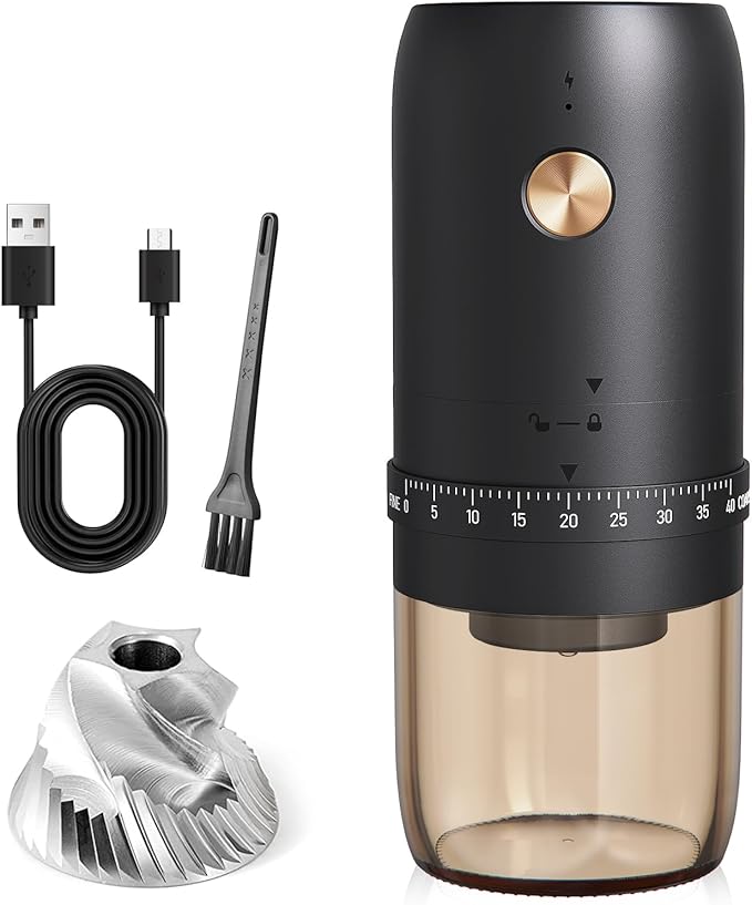 Portable Electric Coffee Grinder, 40 Settings, Conical Burr, USB-C, Black
