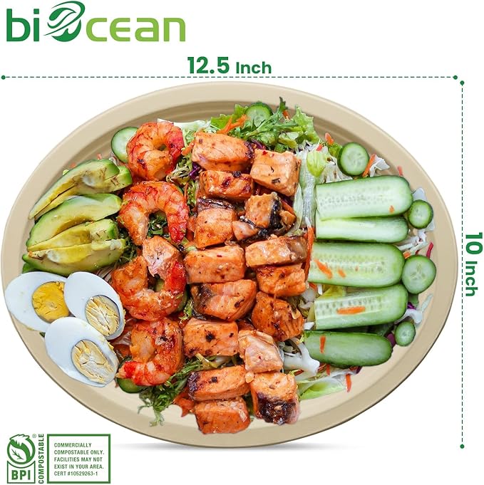 biocean 12.5 Inch Compostable Oval Plates [125-Value Pack] - Sustainable and Heavy-Duty Compostable Paper Plates, Natural Sugarcane Bagasse Biodegradable Plate, Natural Brown