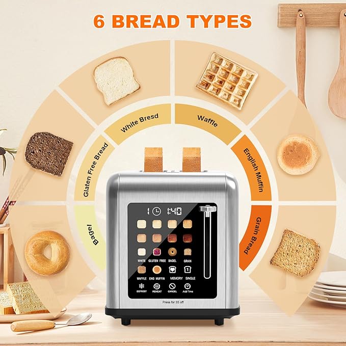 2 Slice Toaster Touch Screen, Stainless Steel Toasters Digital Timer 2 Slot Toasters, 8 Shade Settings 6 Bread Types for Bagel, Cancel, Defrost（Silver）