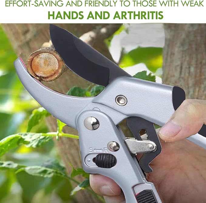 MEPEREZ Garden clippers, premium Germany pruners, Work 3 times easier, professional ratchet pruning shears, cutting rose, flower, hedge, stem, tree, Sharp gardening scissors, Arthritis weak hand snips