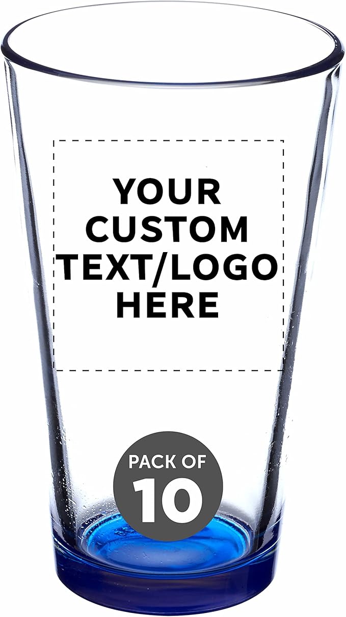 Custom Pint Glass 16 oz. Set of 10, Personalized Bulk Pack - Beer Glasses, Heavy Duty Drinkware - Blue