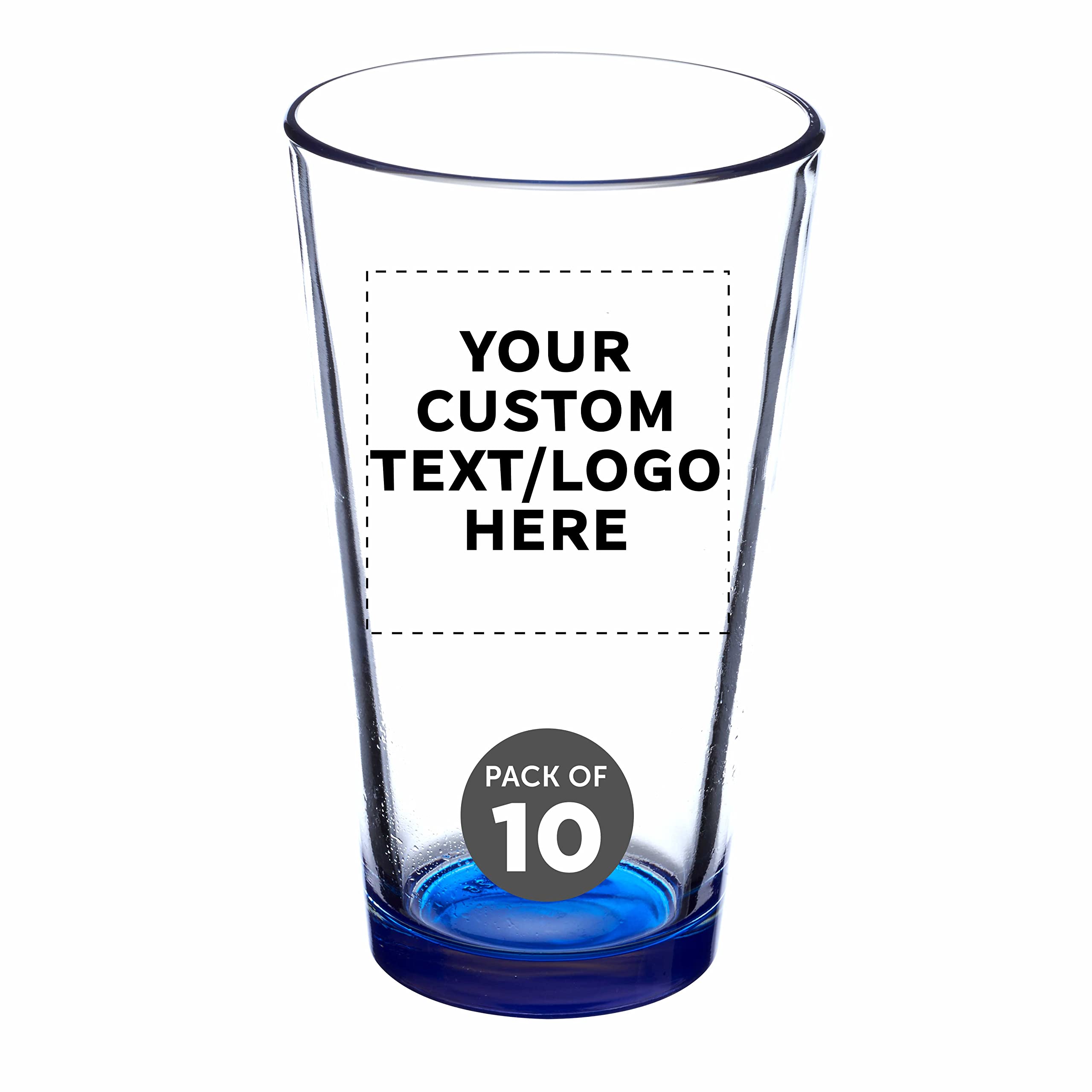 Custom Pint Glass 16 oz. Set of 10, Personalized Bulk Pack - Beer Glasses, Heavy Duty Drinkware - Blue