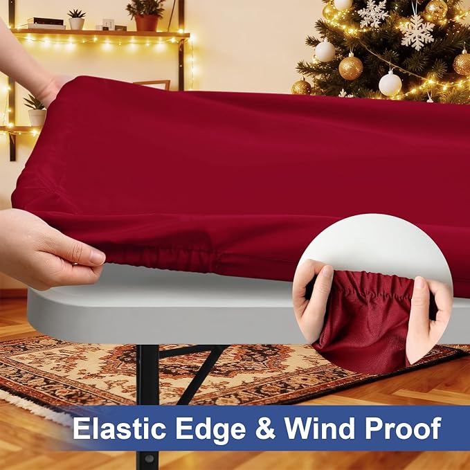 homing Rectangle Table Cloth Cover, Water-Resistant Polyester Elastic Fitted Tablecloth, Fits for 8 Foot Folding Tables, Washable Table Protector for Picnic, Camping, Outdoor (Wine Red, 30" x 96")