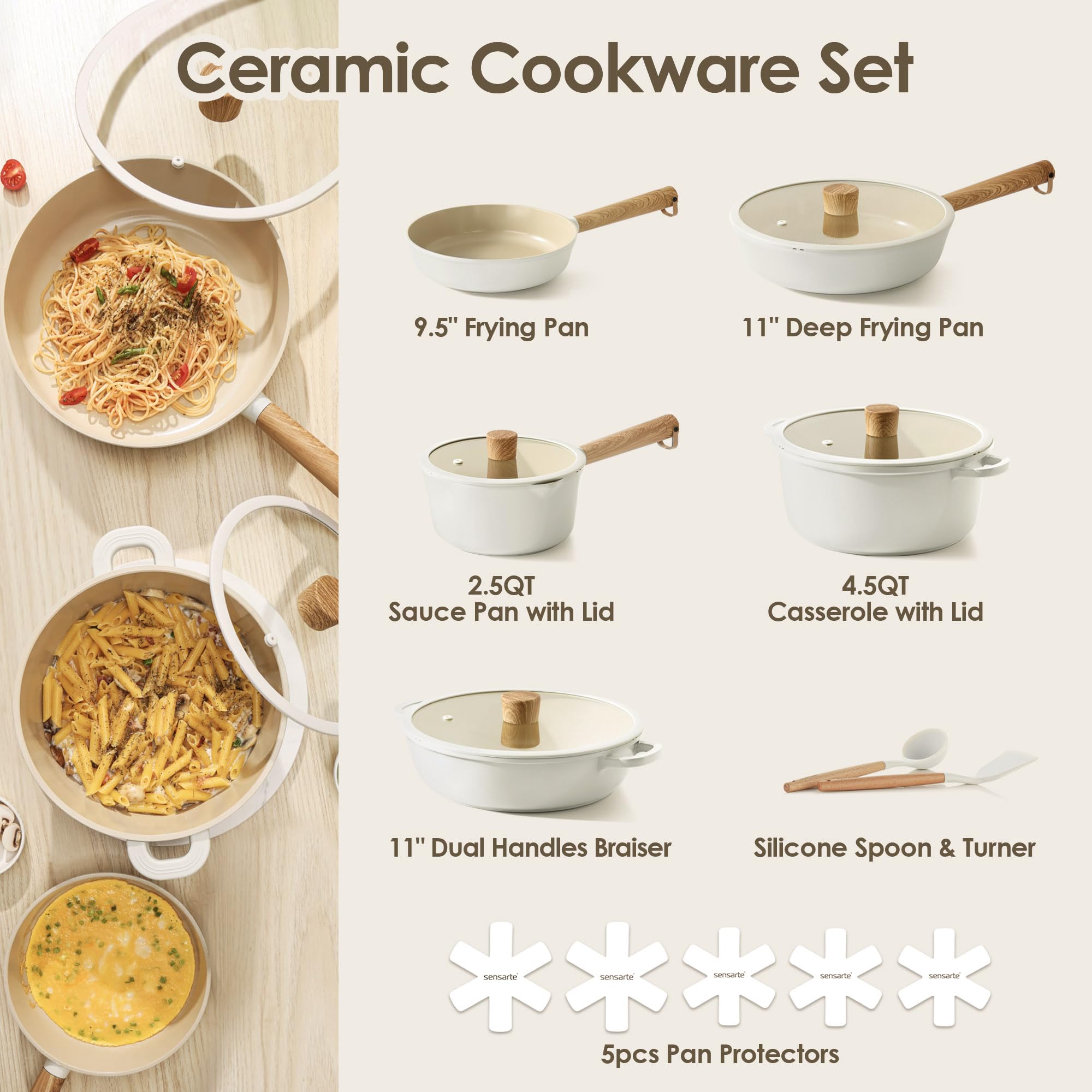 SENSARTE 17Pcs Ceramic Nonstick Cookware Set Non-toxic Healthy Pots and Pans Set Ceramic Kitchen Cooking Frying Pans with Stay-cool Handle, PFAS/PTFE/PFOA Free, Dishwasher Safe, Induction Compatible