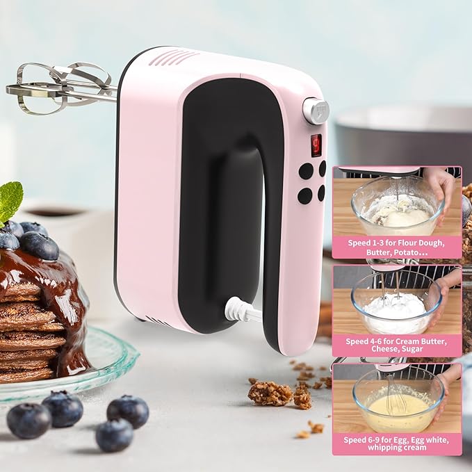 Yomelo 9-Speed Digital Hand Mixer Electric, 400W Powerful DC Motor, Hand Mixer Electric Handheld with Snap-On Storage Case, 5 Stainless Steel Accessories, Beaters, Dough Hooks, Whisk(Pink/Black)