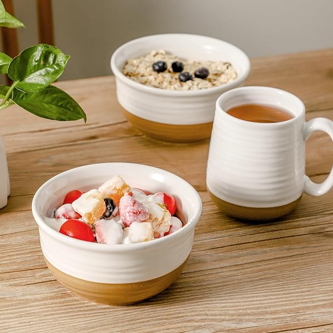 HASENSE Ceramic Cereal Bowls, 20 OZ Soup Bowls for Kitchen, White Bowls Dishwasher and Microwave Safe, Stackable Bowl Set for Pasta Oatmeal Rice Ice Cream, Colorblocked Design Dessert Bowls, Set of 6