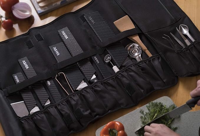 Asaya Waxed Nylon Chef Knife Roll Bag with 20 Slots and Zippered Pockets - Professional Chef Knife Bag & Storage Case, Tool Carrier with Shoulder Strap - Knives Not Included (Brown)