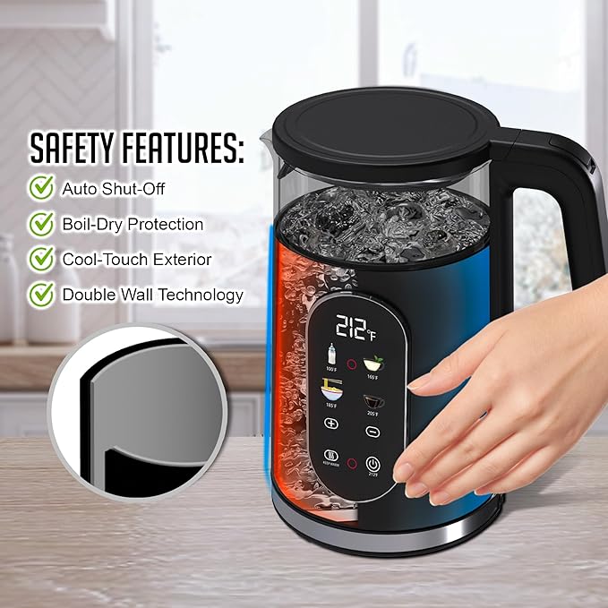 OVENTE 1.7L Electric Kettle with Digital Touchscreen, 1500W, Black KD96B