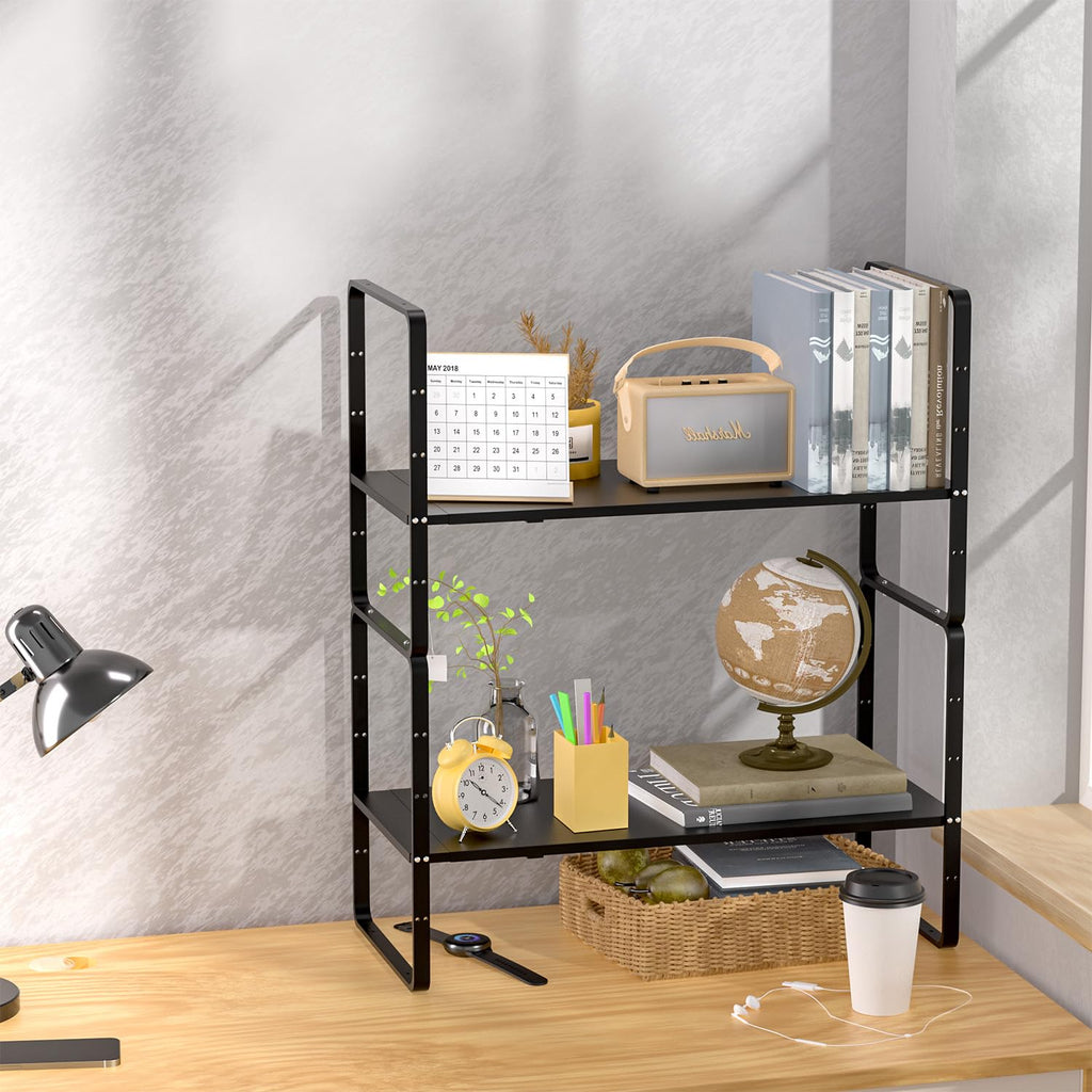 GEDLIRE Expandable Kitchen Cabinet Shelf Organizers 2 Pack, Stackable Metal Pantry Storage Shelves Rack, Adjustable Counter Shelf for Cabinets, Countertop, Cupboard Organizers and Storage, Black