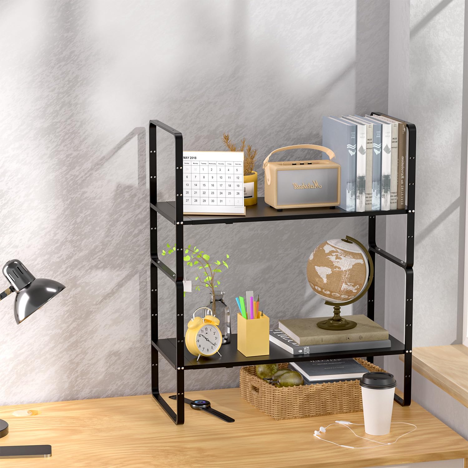 GEDLIRE Expandable Kitchen Cabinet Shelf Organizers 2 Pack, Stackable Metal Pantry Storage Shelves Rack, Adjustable Counter Shelf for Cabinets, Countertop, Cupboard Organizers and Storage, Black