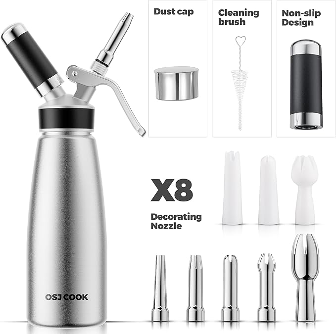 Whipped Cream Dispenser 500ml, Professional Cream Whipper with 8 Nozzles