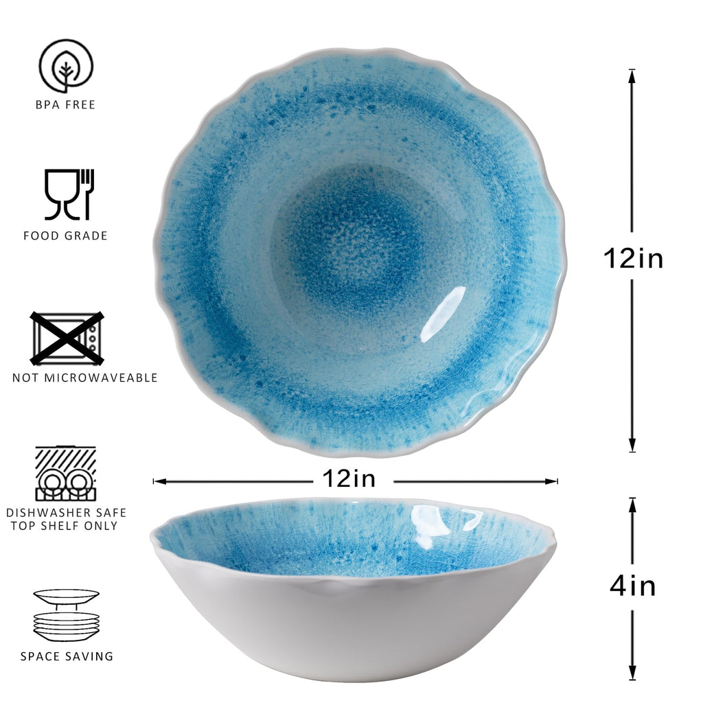 ZAROCRUS Melamine Serving Bowls, 12'' x 4'' Large Salad/Pasta/Mixing/Fruit Bowls, Set of 2 Break-resistant BPA Free Classic Melamine Bowls, Dishwasher Safe, Blue