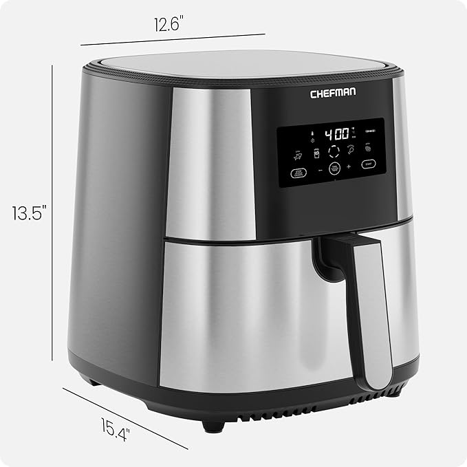 Chefman Air Fryer 8 Qt | TurboFry® 4-in-1 with 450°F Hi-Fry Option for Crispier Results | Bake, Dehydrate, Frozen | XL Nonstick Dishwasher-Safe Basket | Stainless Steel