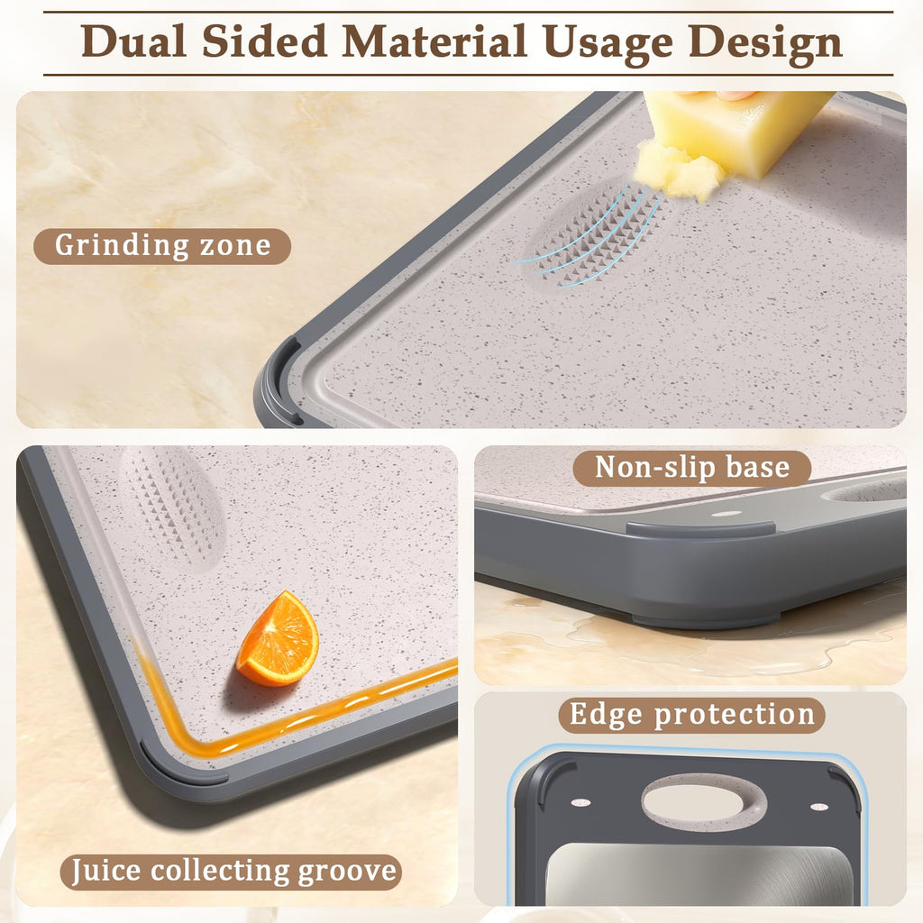 GUANCI Stainless Steel Cutting Board for Kitchen, Non Toxic 2-in-1 Double Sided Design, 304 Food Grade Stainless Steel & Wheat Straw PP, Durable Chopping Board for Meat & Vegetables, 14×9.6 Inch