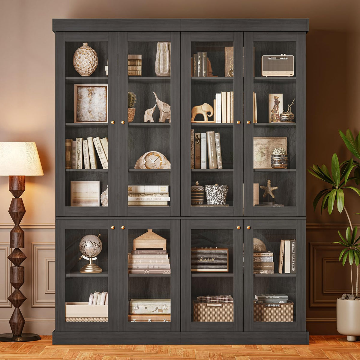 ivaniti 70.8" Tall Bookshelf with Doors, Farmhouse Modular Bookcase with 4-Tier Adjustable Shelves, Large Storage Cabinet for Home Office, Living Room, Brown, Set of 2