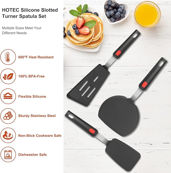 HOTEC Silicone Spatula Turner Set of 3, Heat Resistant 600°F & BPA-Free Flexible Rubber Spatulas for Nonstick Cookware, Kitchen Utensils for Flipping Eggs, Fish, Burgers, Pancakes, Cookie, Crepes