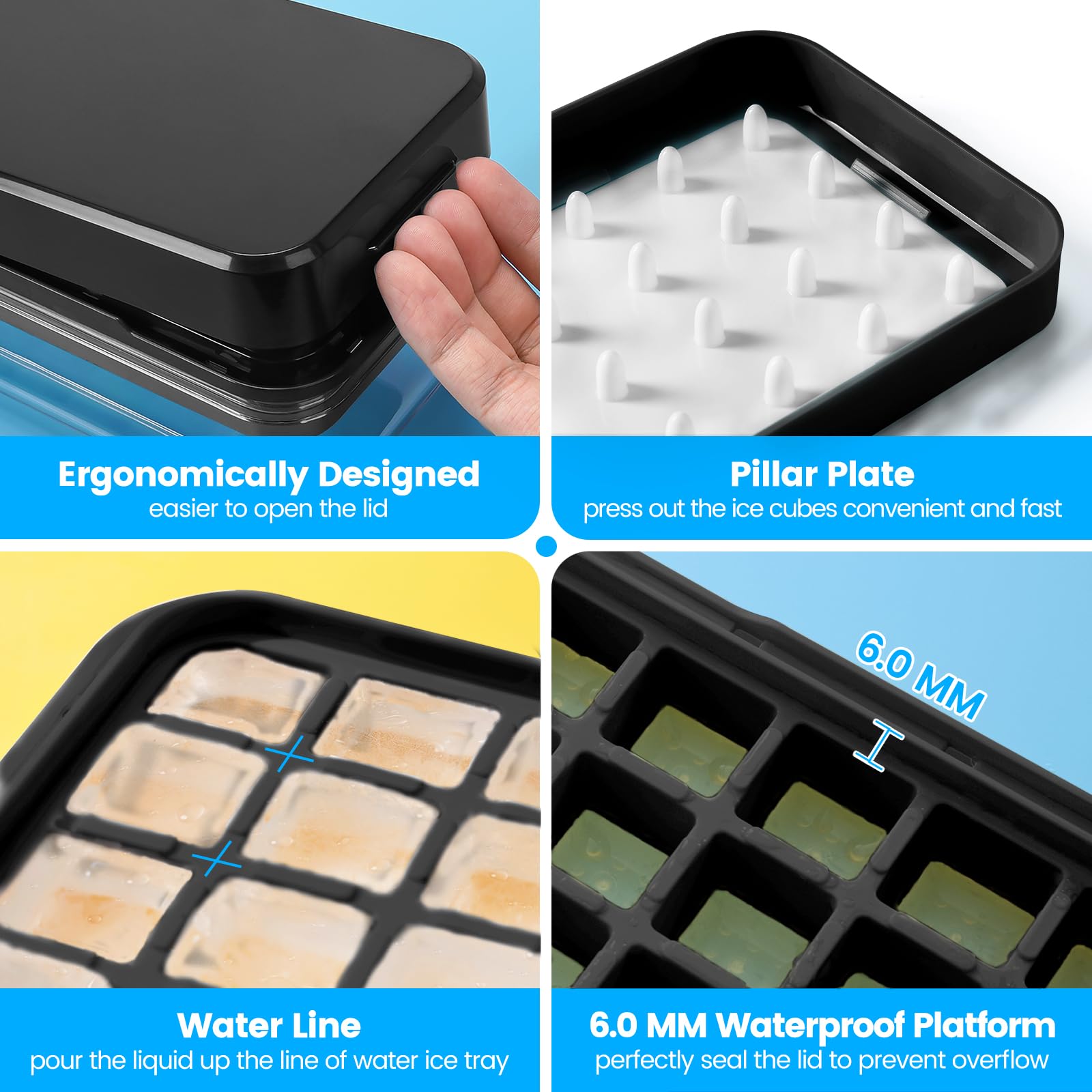 PHINOX Ice Cube Tray with Lid and Bin, Easy Release 56 Cubes for Freezer