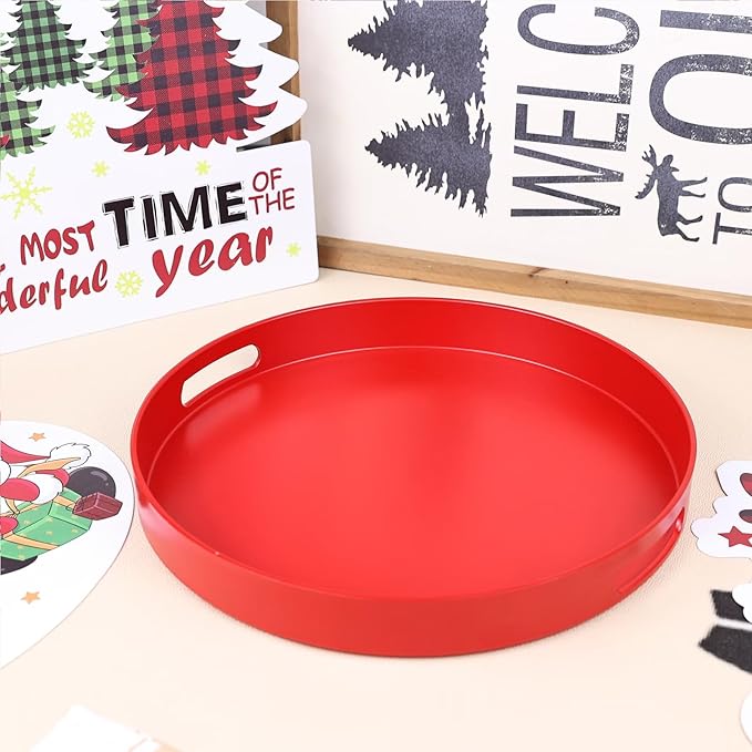 SforGUVA Round Red Decorative Serving Tray with Handles, 13” Versatile Ottoman Tray for Coffee Table, Entertaining, Outdoor Patio, Living Room