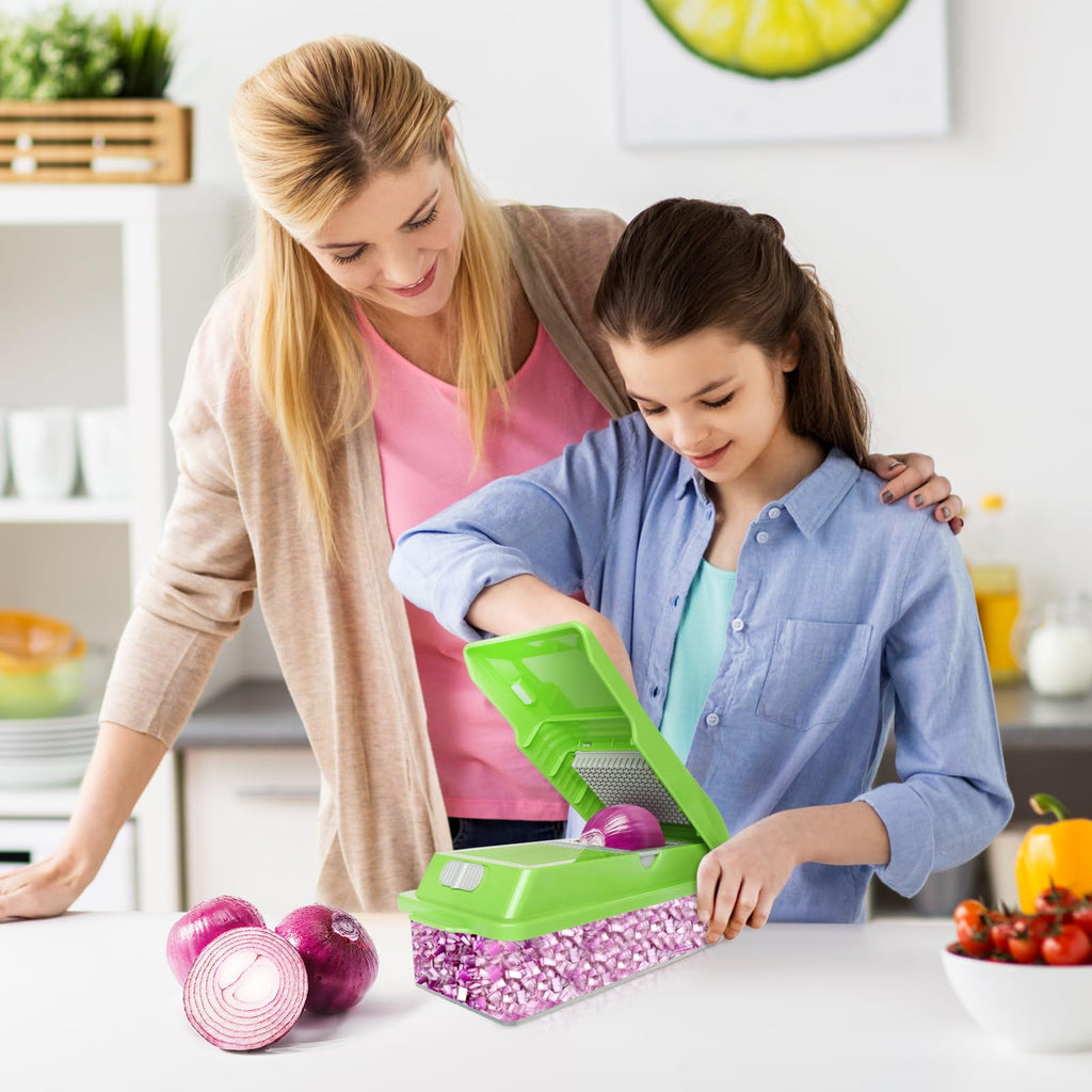 Veggie Chopper with Container, 7 in 1 Manual Food Chopper Cutter, Green