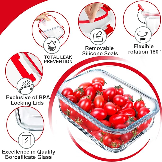 VERONES 5 PACK 36 OZ Glass Meal Prep Containers Set with Lids, Red