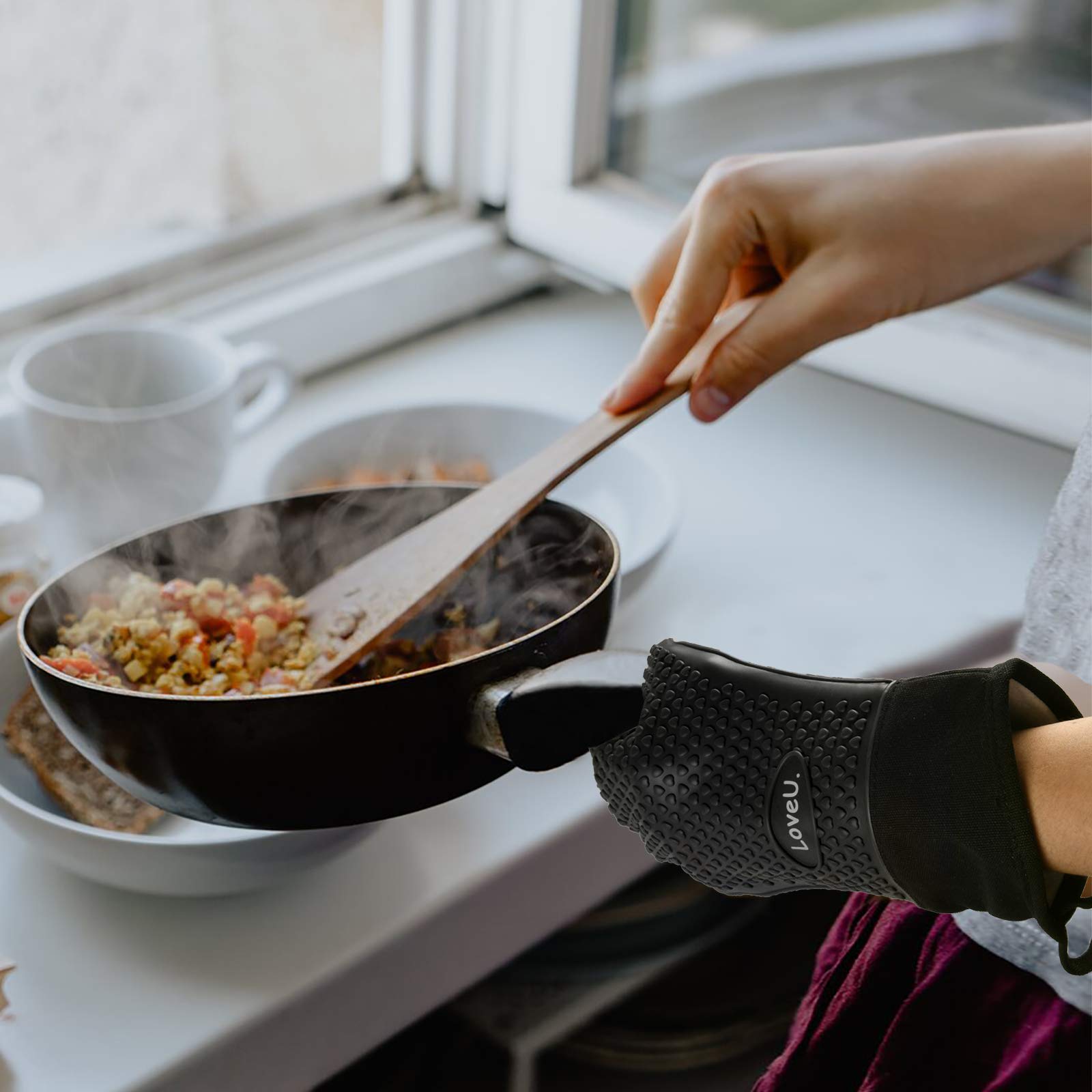 Loveuing Kitchen Oven Gloves - Dual-Layer Heat Resistant Grilling Gloves, Silicone Oven Mitts with 5 Fingers, Waterproof Non-Slip Pot Holder for Barbecue, Cooking, Baking (XL-XXXL, Black Long)