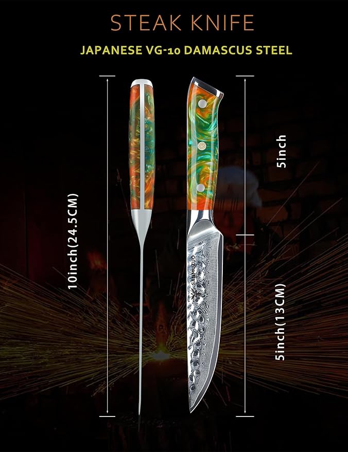 SANMUZUO Steak Knives Set of 4, Ultra Sharp Kitchen Steak Knife 5 Inch - Forged Damascus Steel & Resin Handle - Yao Series