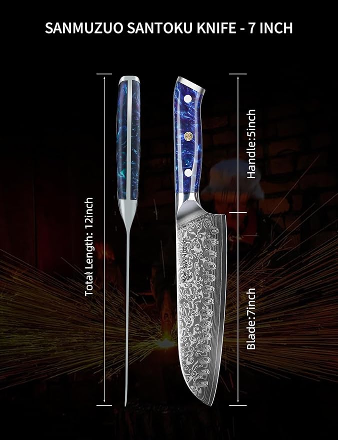 SANMUZUO Santoku Knife - 7 inch - Xuan Series - VG10 Damascus Steel Kitchen Knife - Resin Handle (Sapphire Blue)