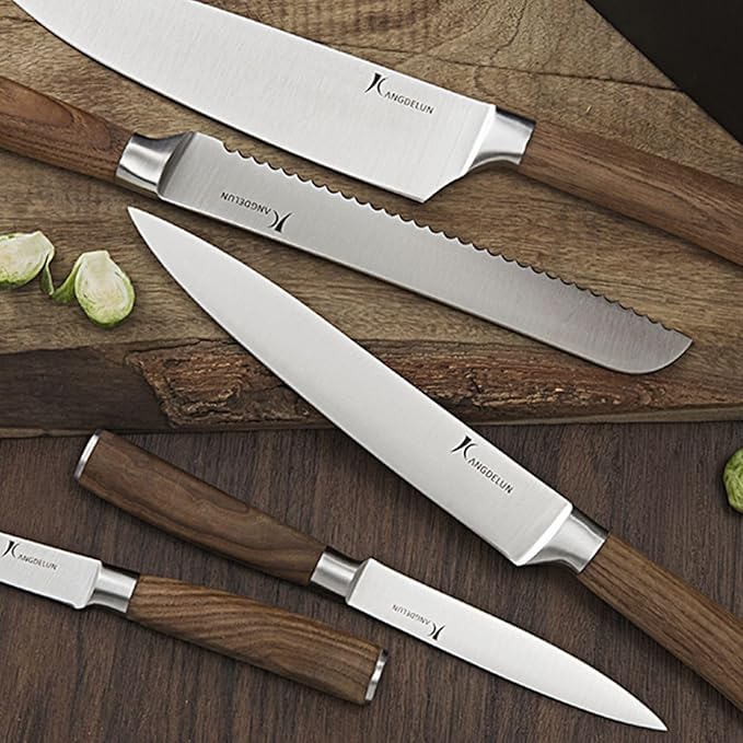 Kangdelun Ultra Sharp 15-Piece Knife Set, 50Cr15MoV High-Carbon Stainless Steel, Torrefied Brown Ash Wood Handles, Angled Dark Brown Wood Block, Easy Hand Wash, Gift Box