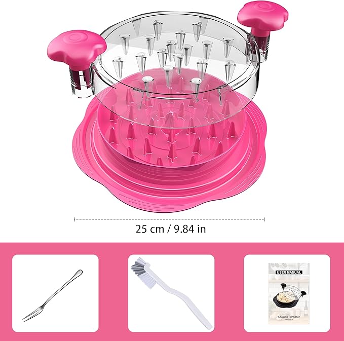 Chicken Shredder Tool Twist Large Meat Shredder with Brush&Fork, Hot Pink