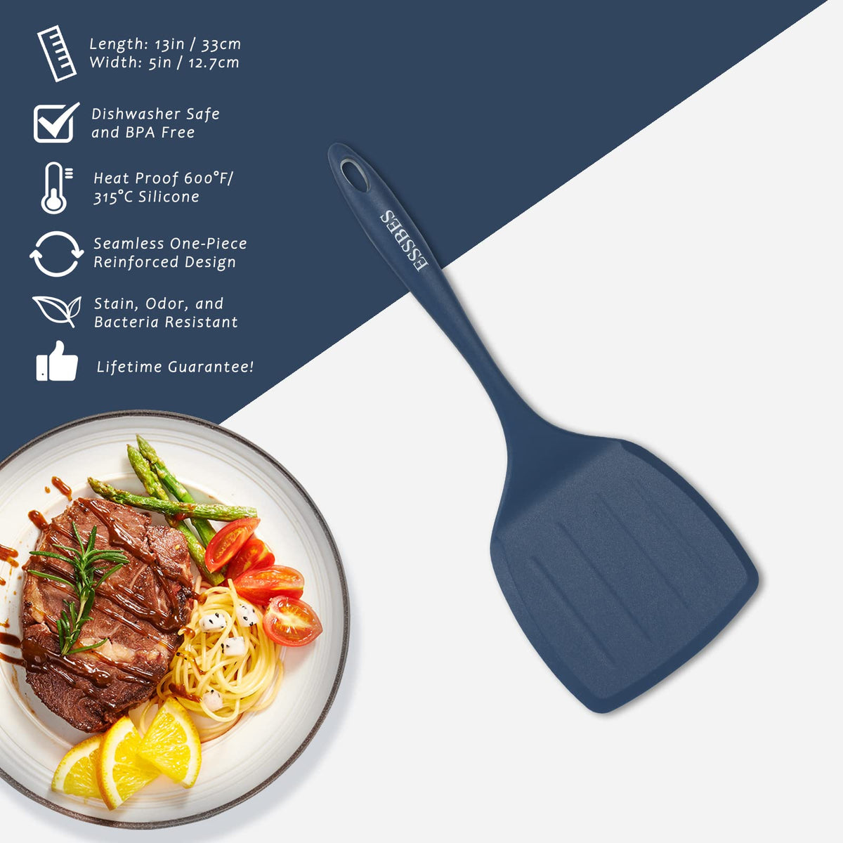 ESSBES Extra Large Silicone Turner - 600F Heat Resistant Nonstick Flexible Kitchen Spatula, BPA Free Dishwasher Safe Utensils, Nonslip Grips One Piece Cookware Suitable for Cooking Baking (Blue)